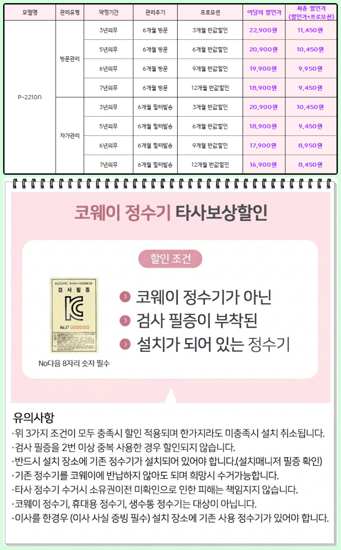 코웨이 스위치 빌트인 정수기 (P-2210N) 6개월 방문관리