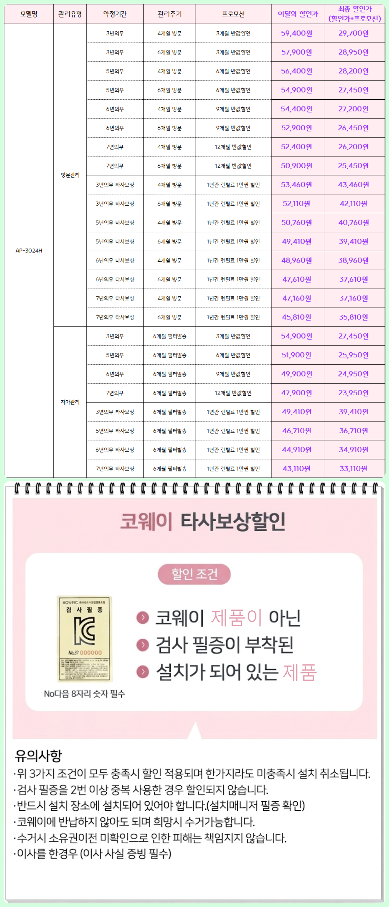 코웨이 노블청정기2 30평형 (AP-3024H) 자가관리 (색상 5중 1택)