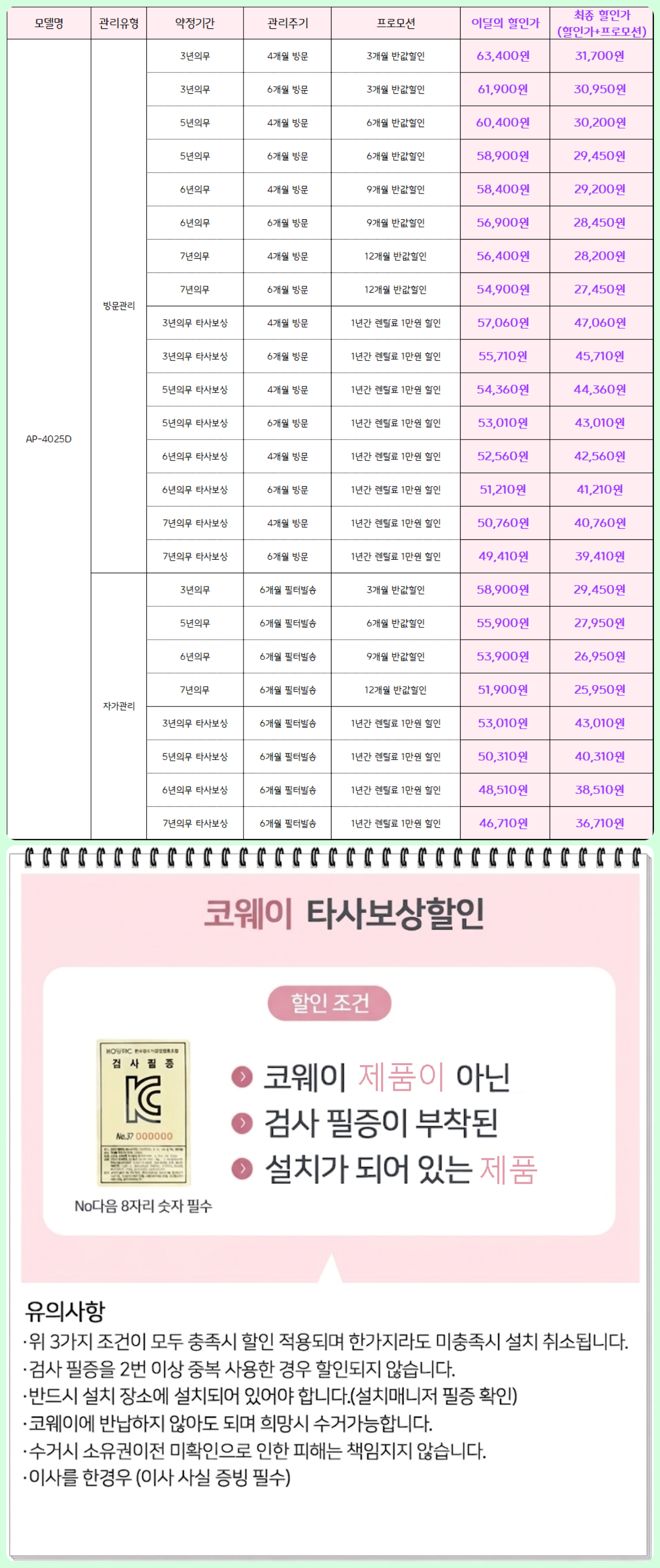 코웨이 노블청정기2 40평형 (AP-4025D) 6개월 방문관리 (색상 5중 1택)