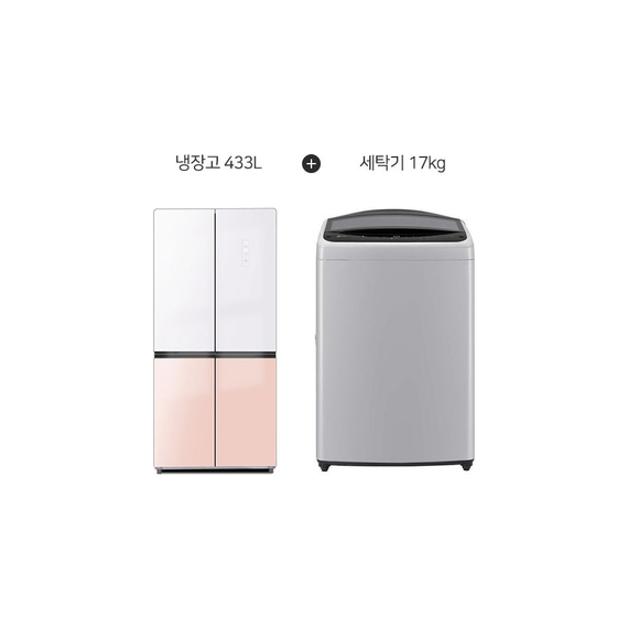 LG+하이얼 결합2종 통돌이 세탁기 17kg 미드 프리 실버+4도어 글램글라스 냉장고 433L 글램화이트 피치핑크