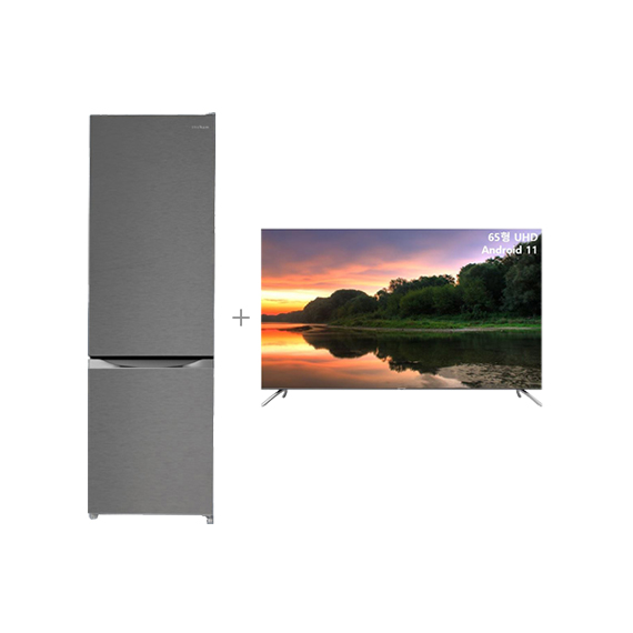 더함 결합2종 2도어 일반 냉장고 262L 메탈 실버+안드로이드 OS 11 UHD TV 65인치 VA RGB (벽걸이 or 스탠드)