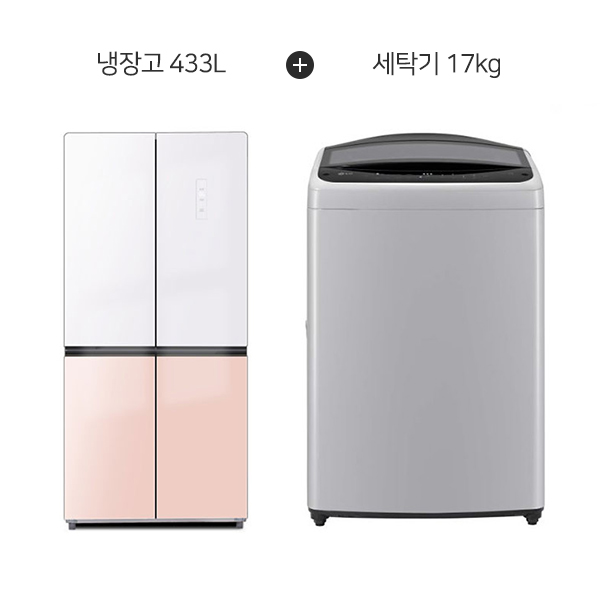 LG+하이얼 결합2종 통돌이 세탁기 17kg 미드 프리 실버+4도어 글램글라스 냉장고 433L 글램화이트 피치핑크 (T17DX3A+HRS445MNWP)