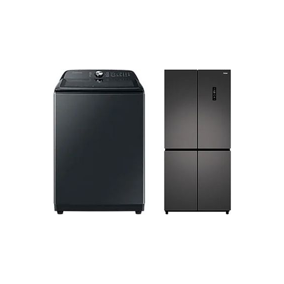 삼성+하이얼 결합2종 그랑데 통버블 세탁기 21kg 캐비어 + 4도어 냉장고 433L 스페이스