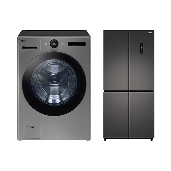 LG+하이얼 결합2종 트롬 오브제컬렉션 세탁기 25kg 스테인리스 실버 + 4도어 냉장고 433L 스페이스 그레이